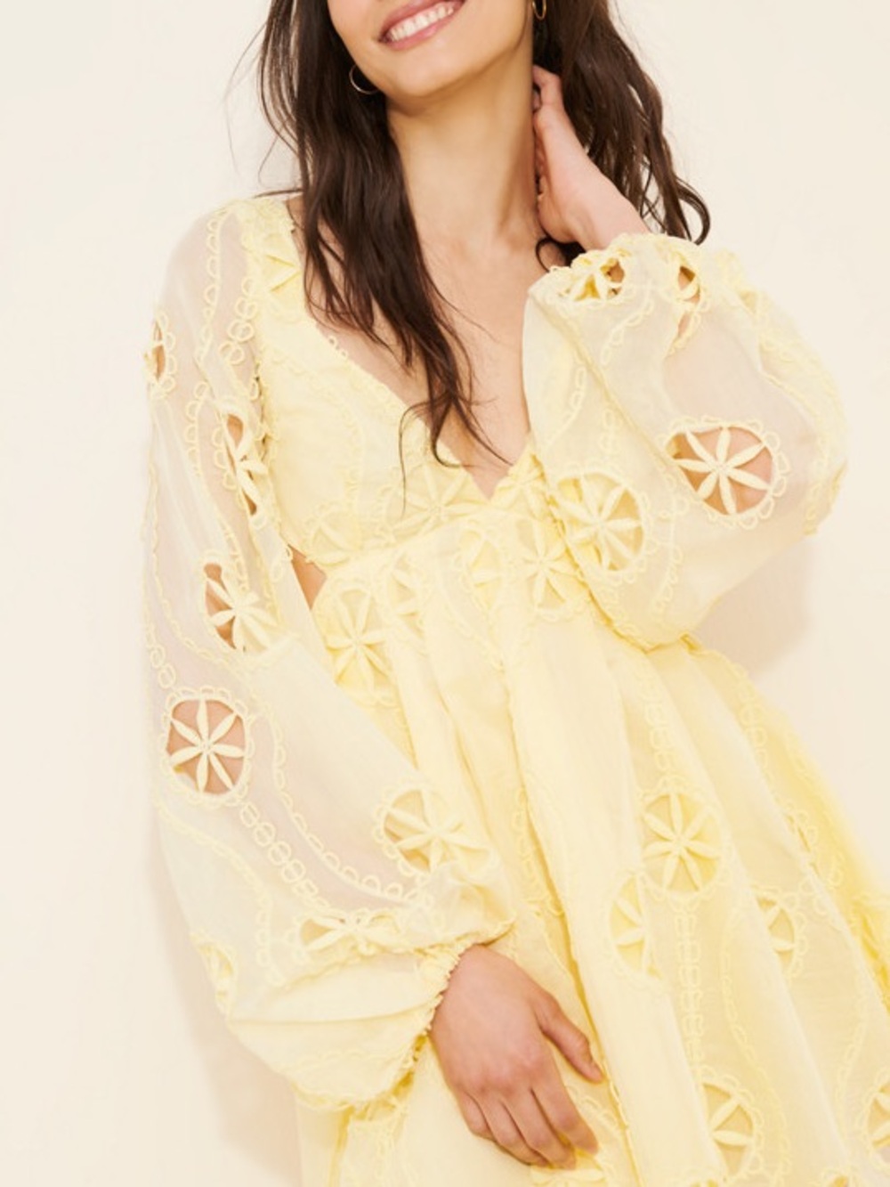 Bardot Jovie Babydoll Mini Dress Butter Yellow Cutout Balloon Sleeve L 8 - Picture 5 of 16
